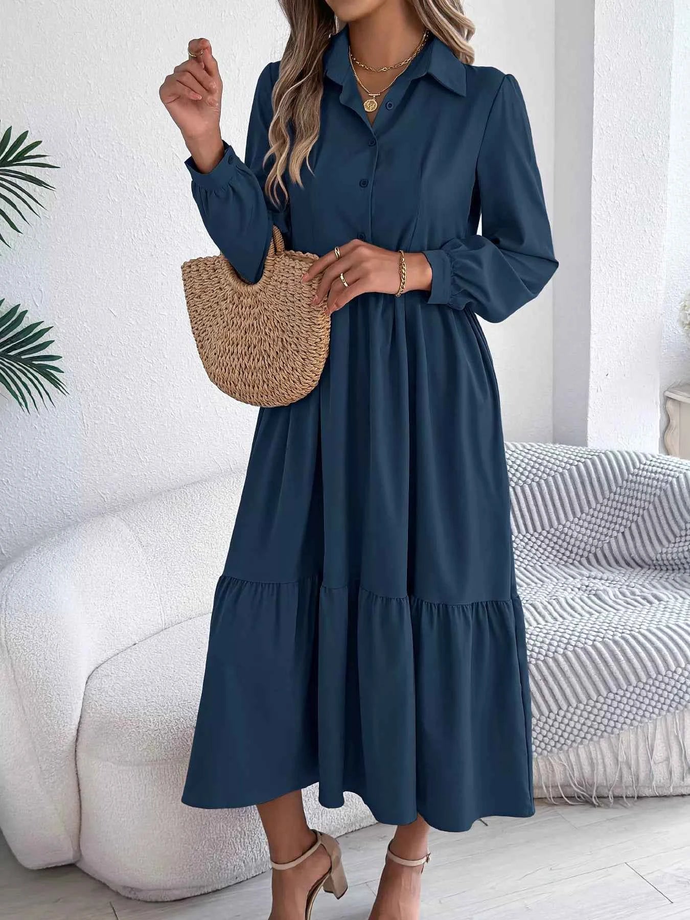 Long Sleeve Tiered Button Front Midi Dress 6860e82853634db592ce4cf3915a435a-Max-Origin
