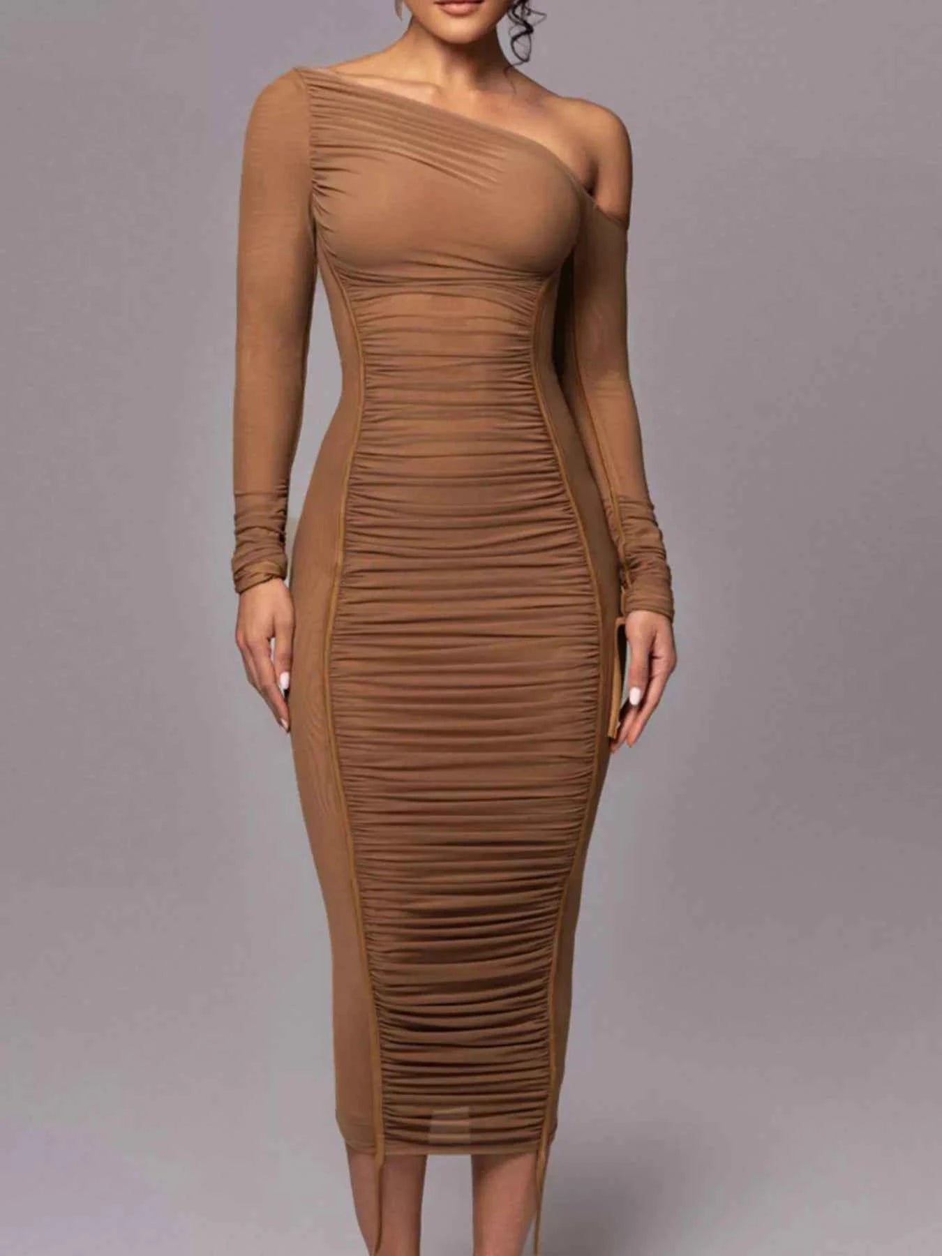 One-Shoulder Ruched Bodycon Midi Dress Brown 686815f3-6581-4229-89e2-0432fa9c1d93-Max-Origin