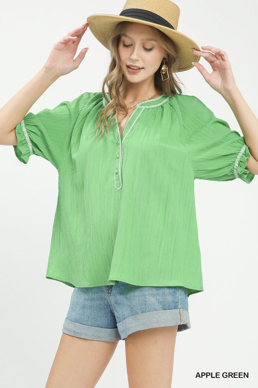 Textured Split Neck Puff Sleeve Top 68708f8f-0beb-46d8-aa54-b5637fb337ba-Max