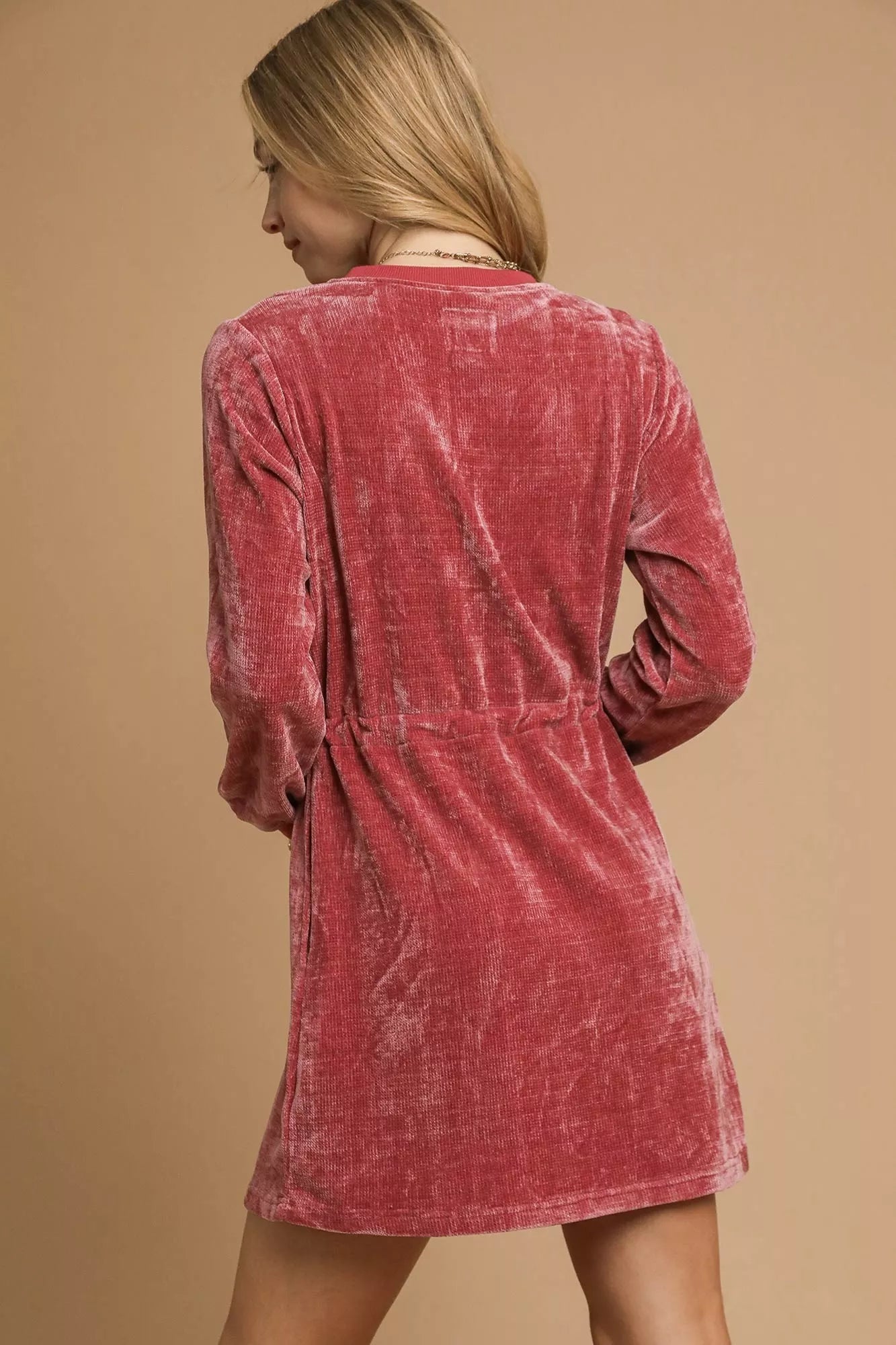 Velour Drawstring Mini Dress with Long Sleeves 6873e534-12f7-4e55-ba86-667d10604db7-Max-Origin