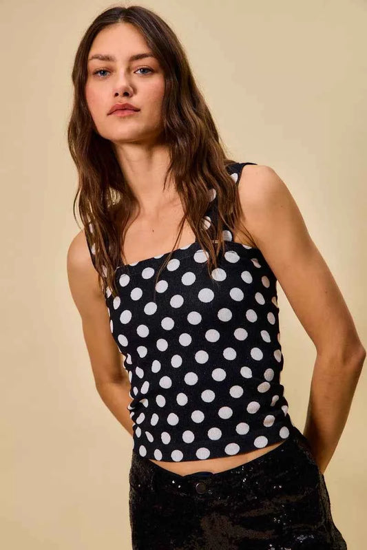 SO ME Polka Dot Knit Crop Seamless Casual Tank BLACK WHITE 6876268bac34450793a196519935ee2f-Max-Origin