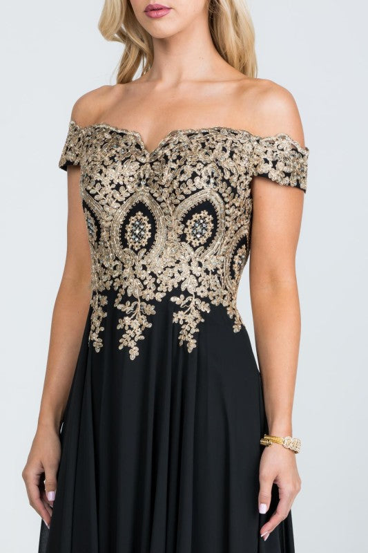 Off Shoulder Evening Gown – Gold Lace Appliqué Chiffon Dress for Women 687787d6-e683-4028-8fc4-2471d934f0b4