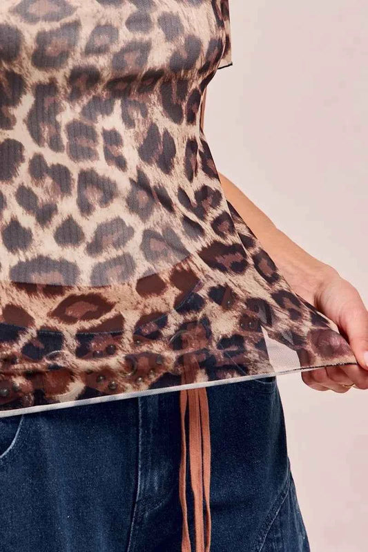High Neck Leopard Mesh Short Sleeves Top 687d609c7ed146af847d170273218983-Max-Origin