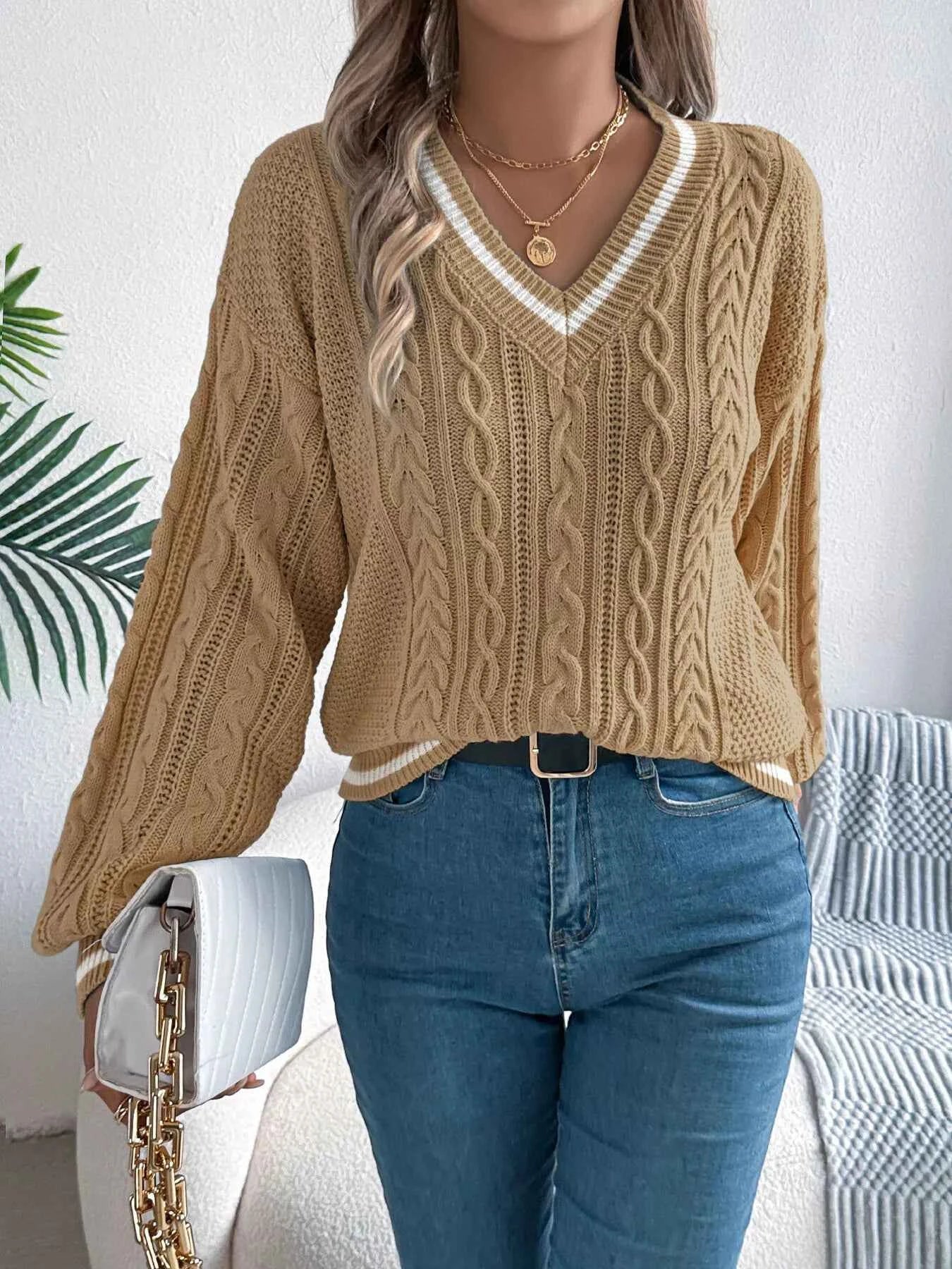 Cable Knit V-Neck Long Sleeve Sweater 687ddf52c39d45a7b0a9ecf99eae7d9a-Max-Origin