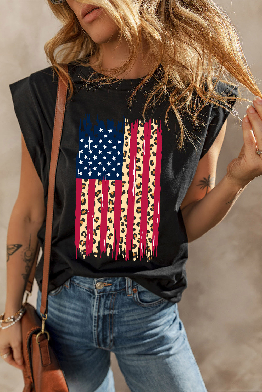 Black Leopard USA Flag Printed Sleeveless Cotton Top 687f48d534917626