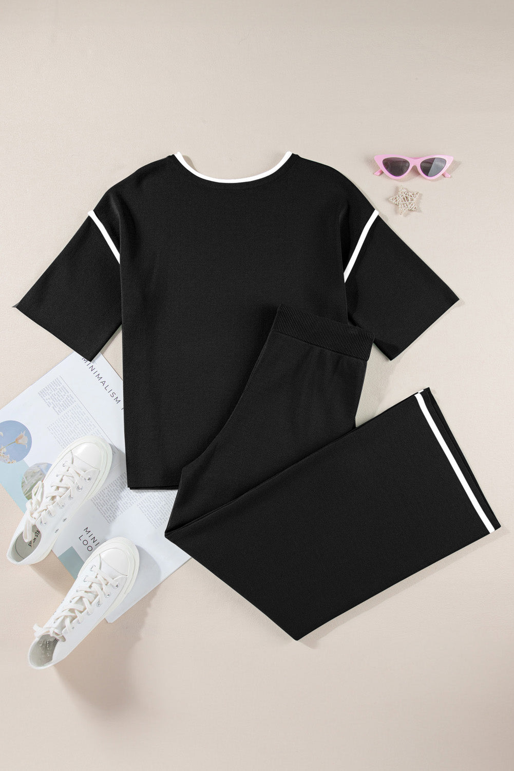 Black Loose Contrast Trim Half Sleeve Top and Drawstring Pants Set 6881a62b7d96512f