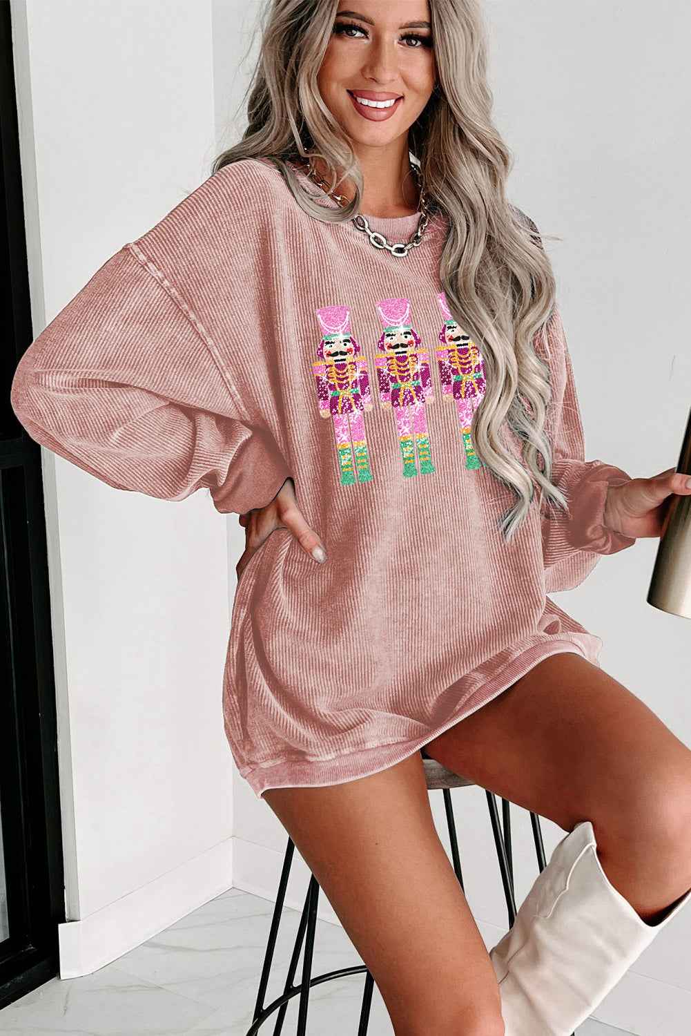Black Nutcracker Graphic Sequins Patch Mineral Wash Corded Sweatshirt 68825759e0d560a0