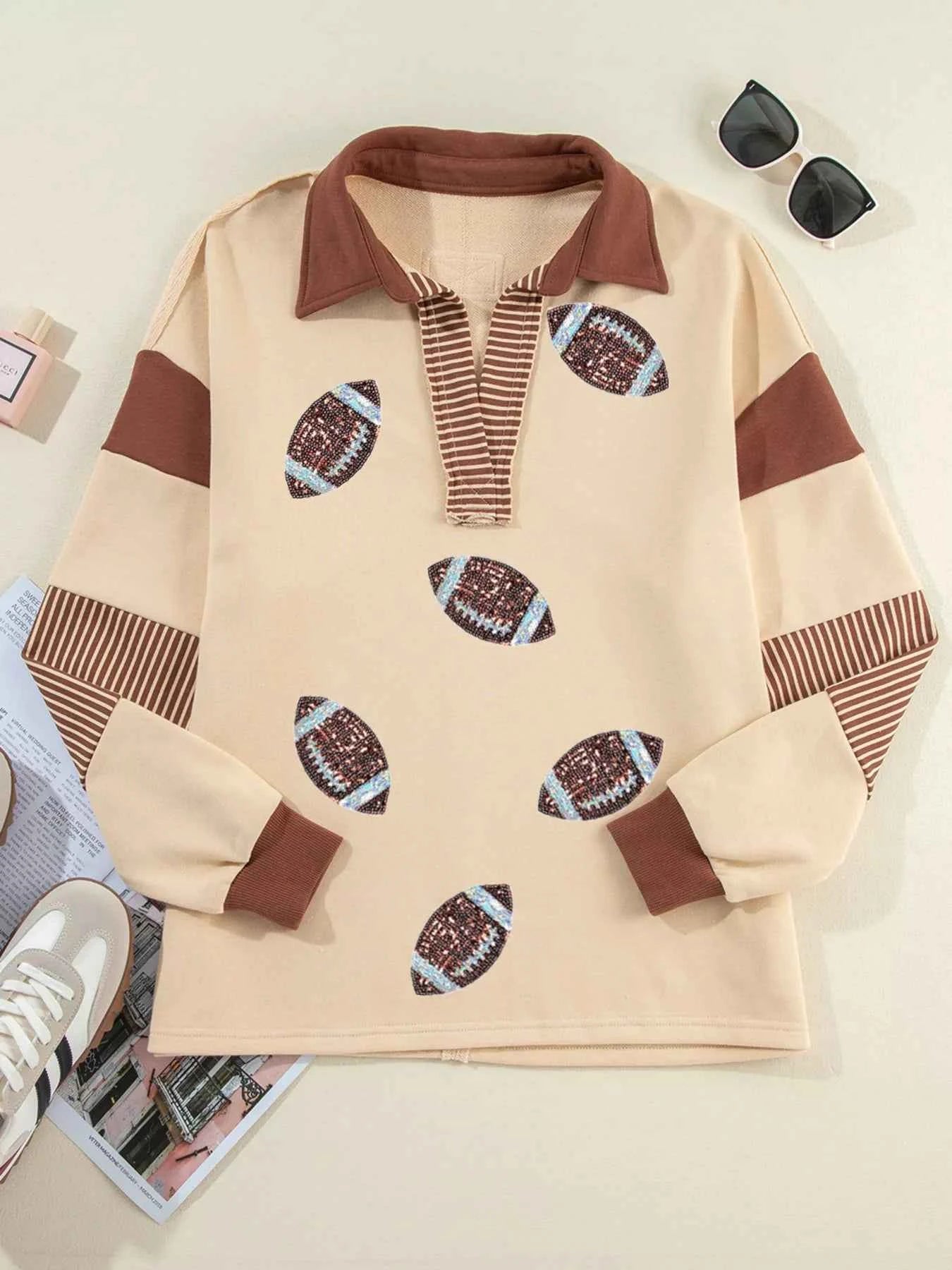 Color Block Striped Patchwork Sequin Rugby Graphic Polo Sweatshirt 6884ab74f5584c9b93d7ceb6daf16925-Max-Origin