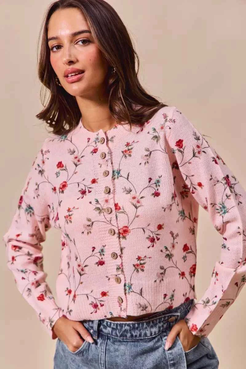 SO ME Floral Print Button Front Sweater Cardigan Top 688692f8541d44829d1c4fc7d9307010-Max-Origin