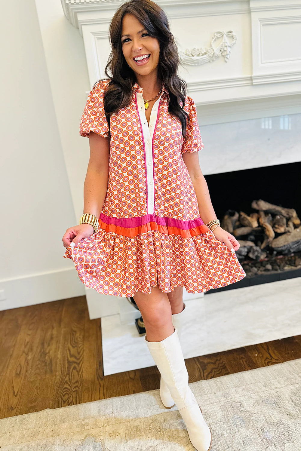 Orange Geometric Floral Print Color Block Trim Button Front Ruffle Hem Dress 6887846ec2abeed8