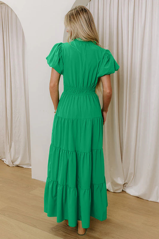 Bright Green Solid Color V Neck Short Puff Sleeve High Waist Tiered Maxi Dress 688aa19e67e887f9