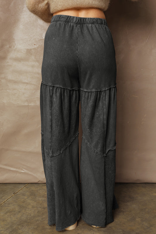 Black Mineral Wash Tiered Wide Leg Patchwork Drawstring Pants