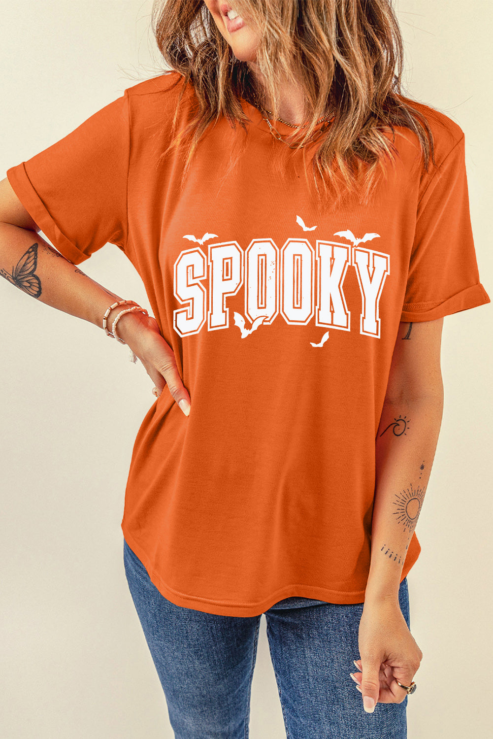Orange SPOOKY Heat Transfer Printing Crewneck Halloween T Shirt Orange 62%Polyester+32%Cotton+6%Elastane 6891dbba01f6f3d8