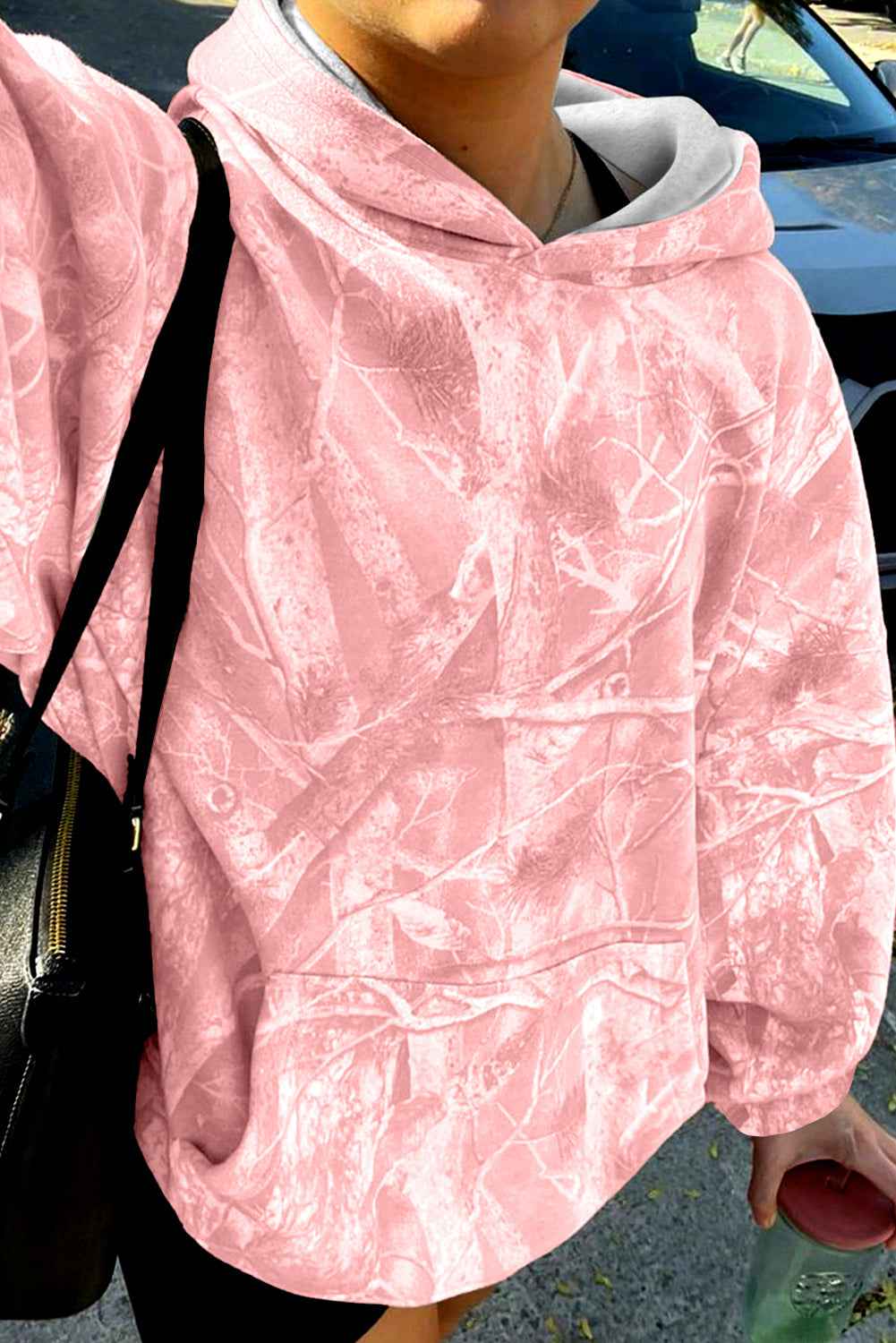 Light Pink Camouflage Plant Print Kangaroo Pocket Oversized Hoodie Light Pink 100%Polyester 6898acc8808b8529
