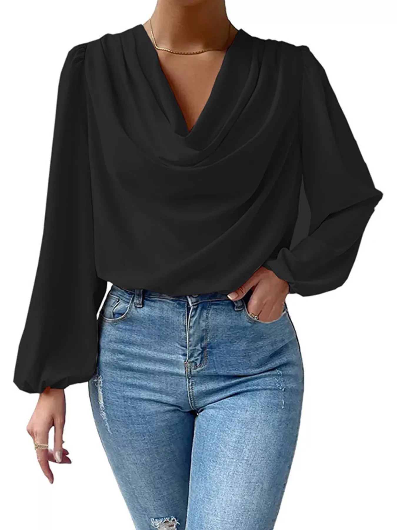Full Size Cowl Neck Balloon Sleeve Blouse Plus Size Black 689ed4535894482ca4461bdf48baeba4-Max-Origin