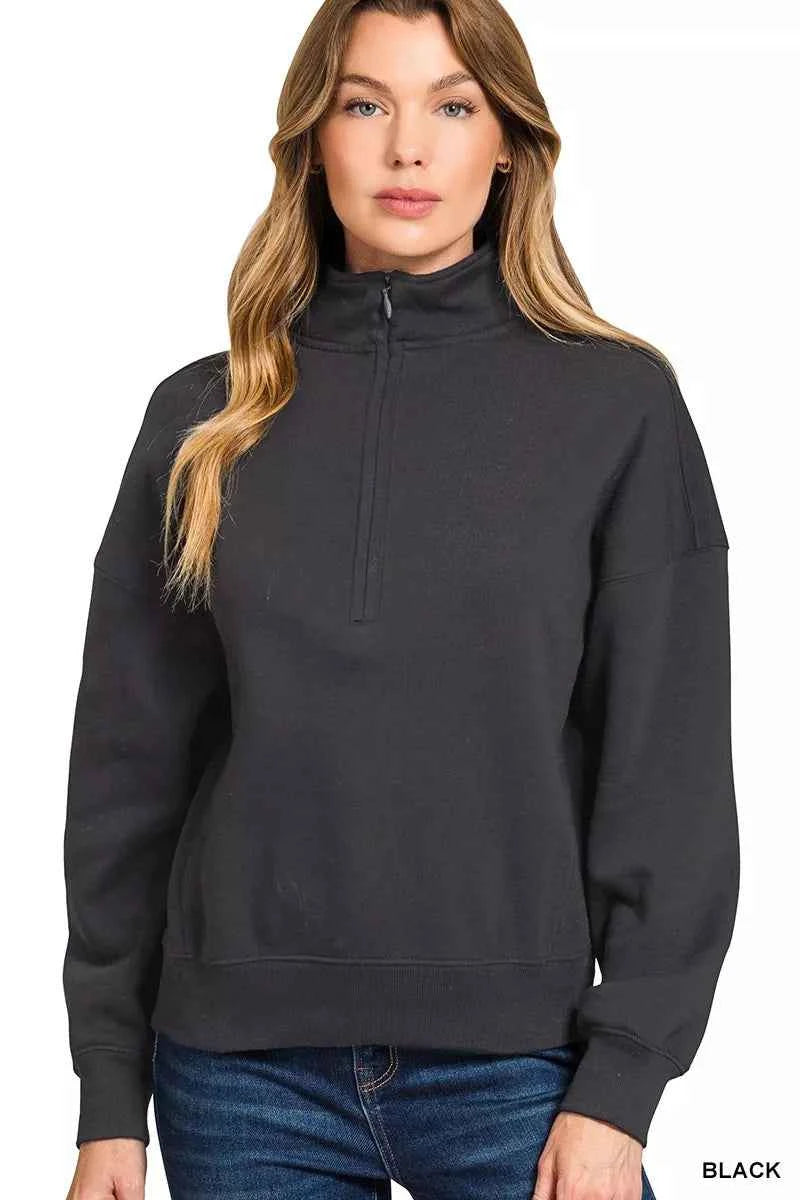 Zenana Fleece High Neck Half Zip Sweatshirt BLACK 68a11519ee0c4247a48aa6d2b39383c9-Max-Origin