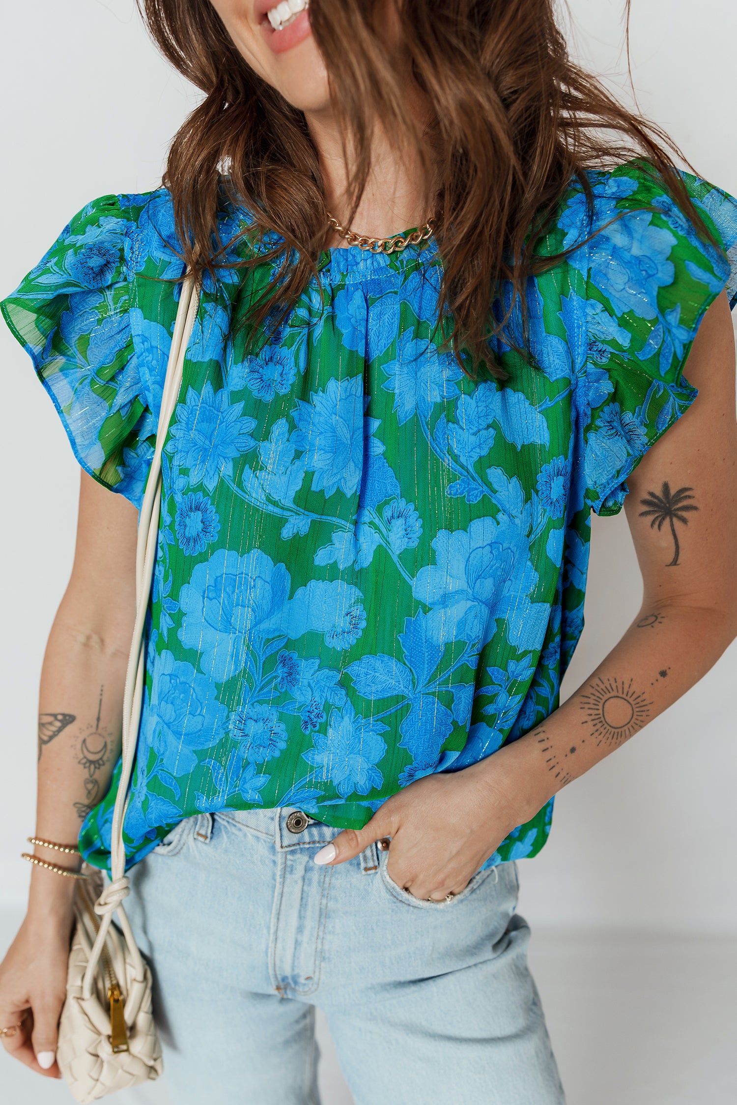 Green Floral Print Ruffled Sleeve Summer Blouse 68a6b1f548aa9288