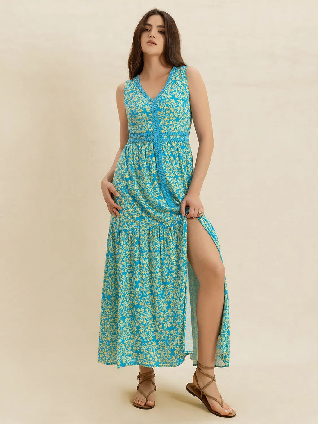 Slit Printed V-Neck Sleeveless Dress Teal 68ae2904-520e-4d54-b1a1-f5f9ad9ed0d5-Max-Origin