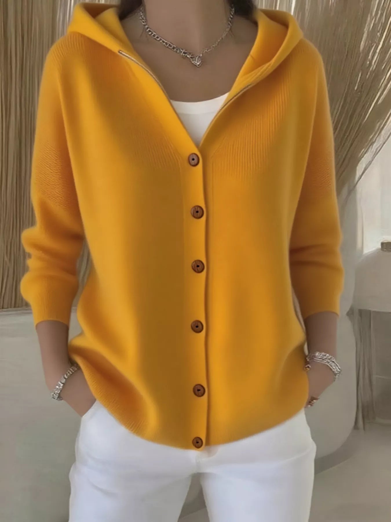 Full Size Hooded Button-Front Soft Knit Cardigan Plus Size Yellow 68af58bae9464ca0b9c2b548db8514d9-Max-Origin