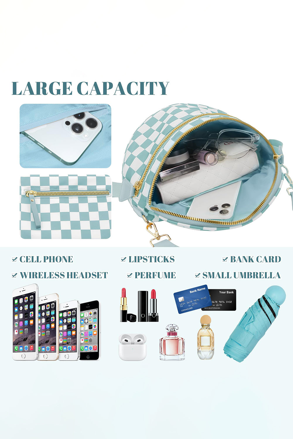 Pink Checkered Print Wide Strap Large Crossbody Bag Mist Blue ONE SIZE Shell:100%Polyester+Lining:100%Polyester 68b01598c237f784