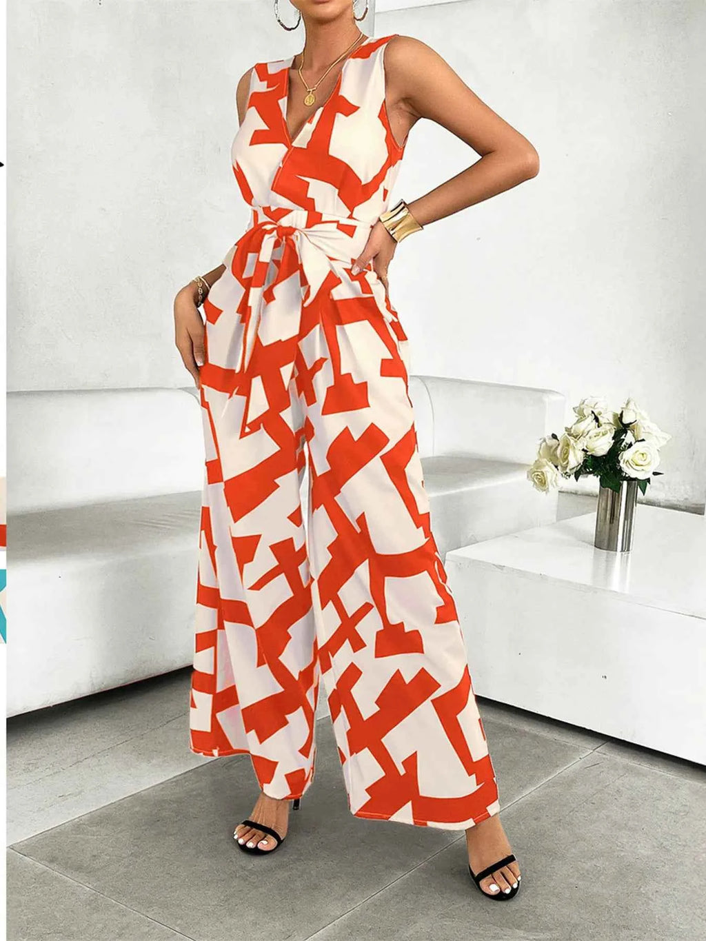 Printed Wide Leg Jumpsuit Orange 68b45b3f186240bda960ebd79da4e8b5-Max-Origin