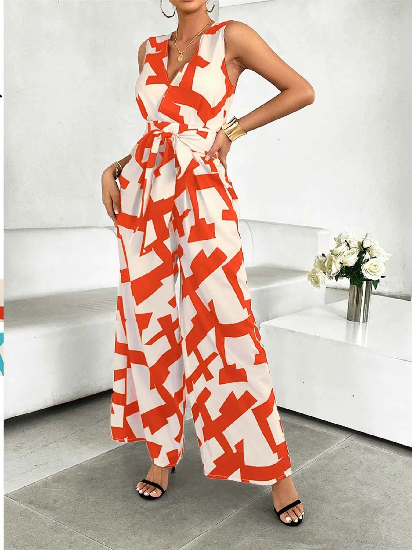 Printed Wide Leg Jumpsuit Orange 68b45b3f186240bda960ebd79da4e8b5-Max-Origin