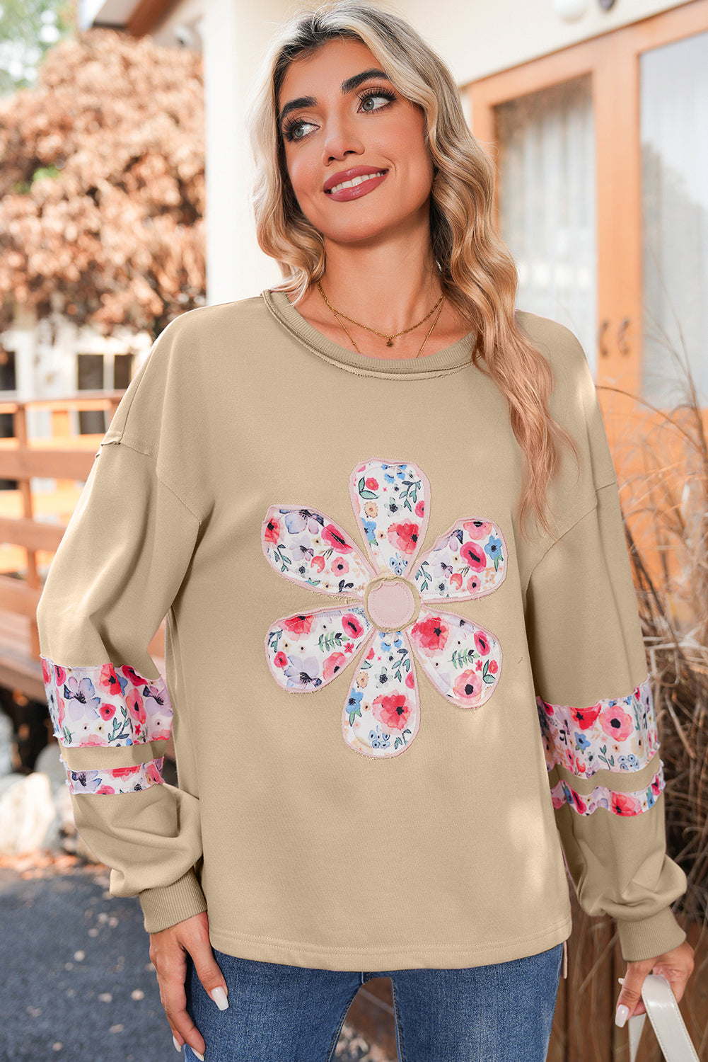 Wisteria Flower Applique Patchwork Drop Sleeve Pullover Sweatshirt 68b6d8cf71e6bcd3