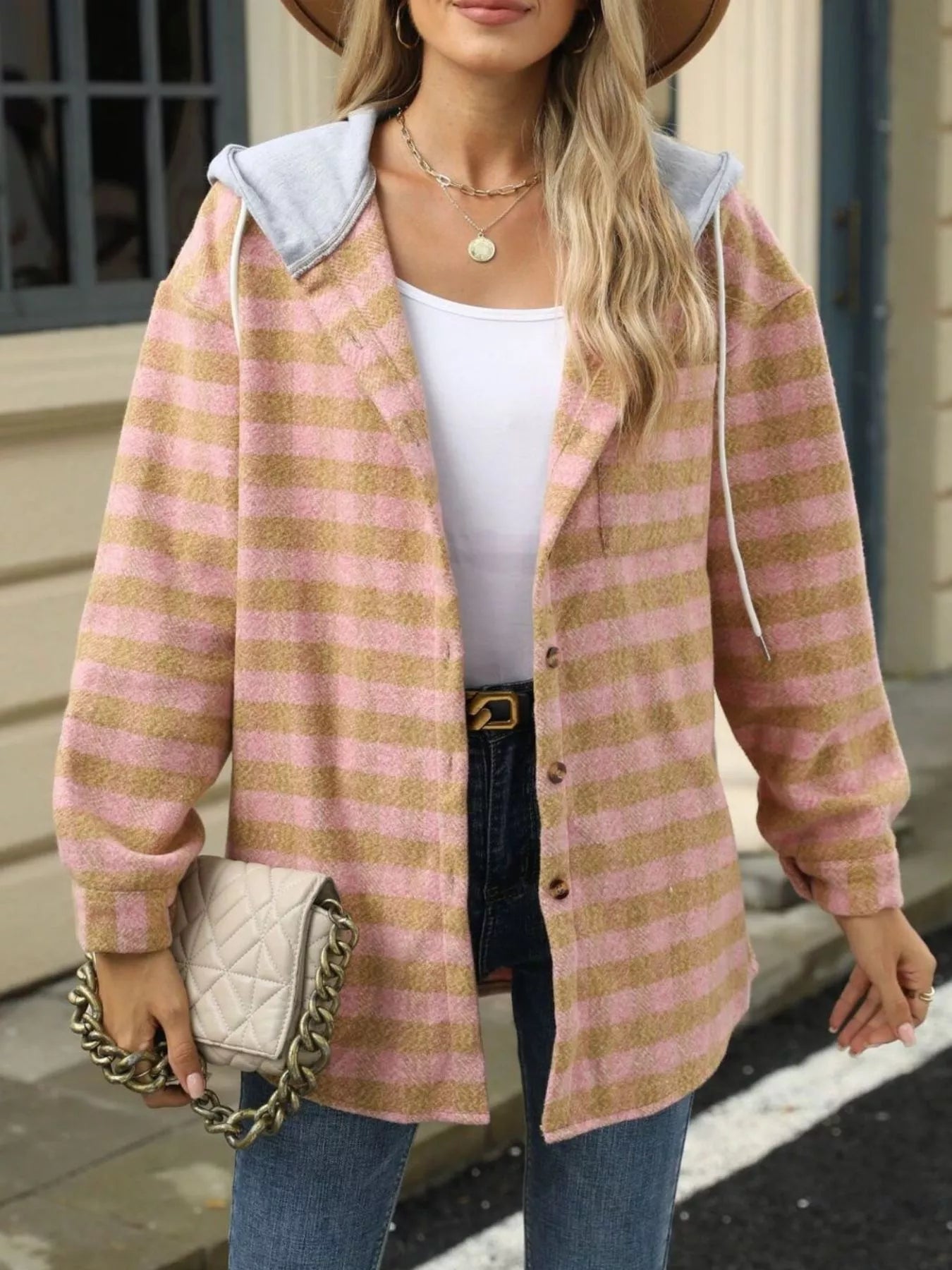 Plaid Button Up Long Sleeve Drawstring Hooded Jacket Pink 68ba0ed5-f0fc-4d88-99ba-5eb45215a8b1-Max-Origin