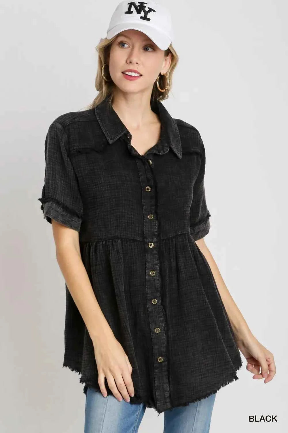 Umgee Full Size Cotton Gauze Button Front Shirt Plus Size Black 68bac877-a1a2-4df6-843b-dd42f2cb9760-Max