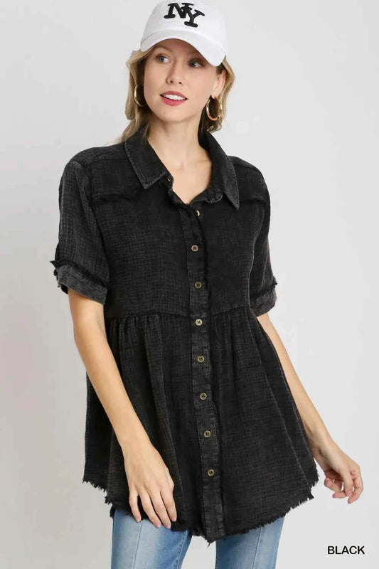 Umgee Full Size Cotton Gauze Button Front Shirt Plus Size Black 68bac877-a1a2-4df6-843b-dd42f2cb9760-Max