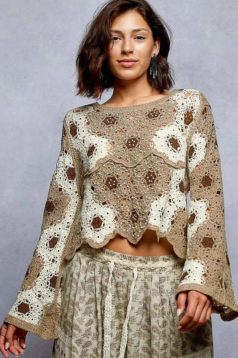 POL Floral Weave Pattern Crochet Cropped Top with Beads Detail MOCHA MULTI One Size 68c0fd66-c598-45a9-84cc-136b20ab64a8-Max-Origin