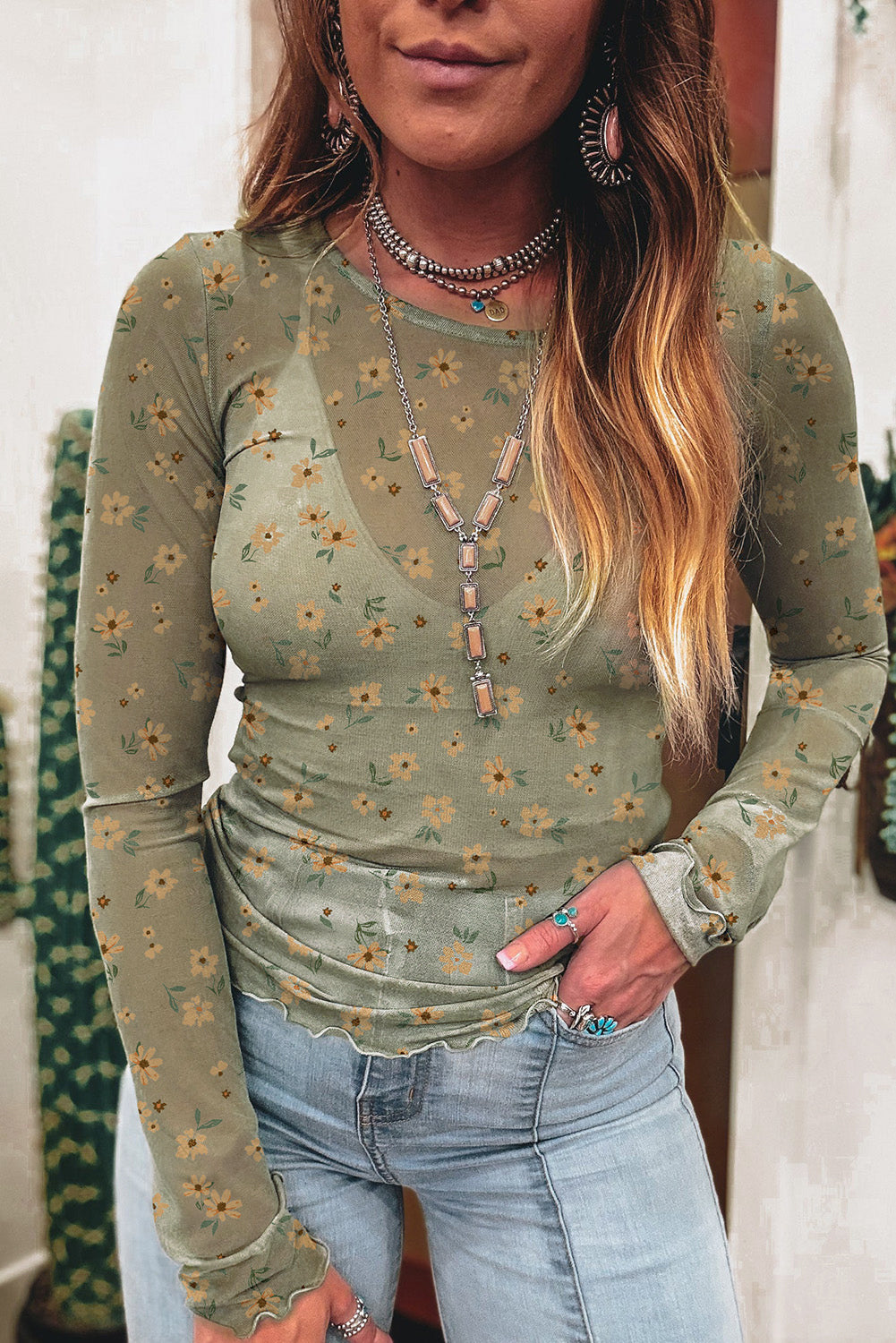Laurel Green Vintage Floral Print Mesh Slim Fit Long Sleeve Top Laurel Green 95%Polyester+5%Elastane 68c6727e073cfe3c