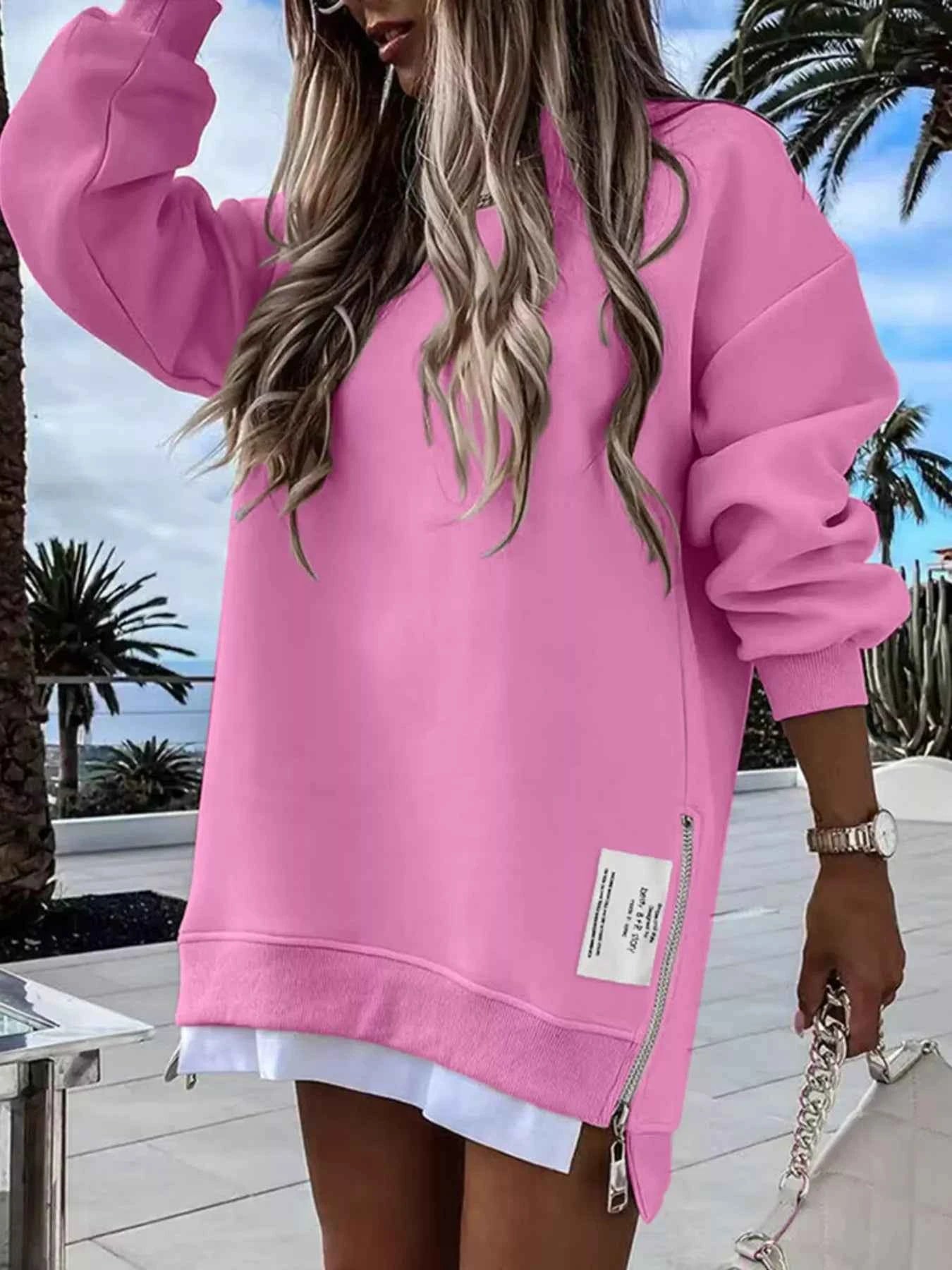Side Slit Round Neck Long Sleeve Sweatshirt
