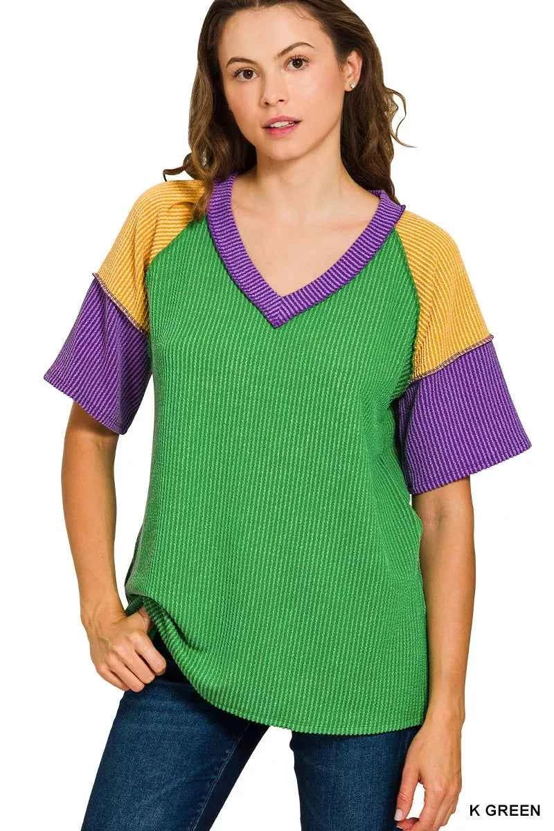 Mardi Gras Raised Rib Color Block Top K GREEN 68c8074da0ba4845b6210e911642d01b-Max-Origin