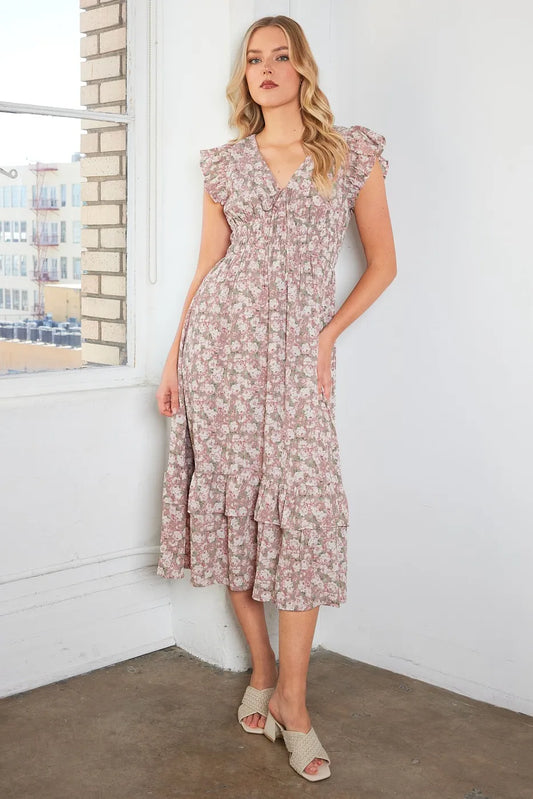 Flower Print Ruffle Cap Sleeve V-neck Midi Dress 68cbbbec62284fe9af809f441e97b5ea-Max-Origin