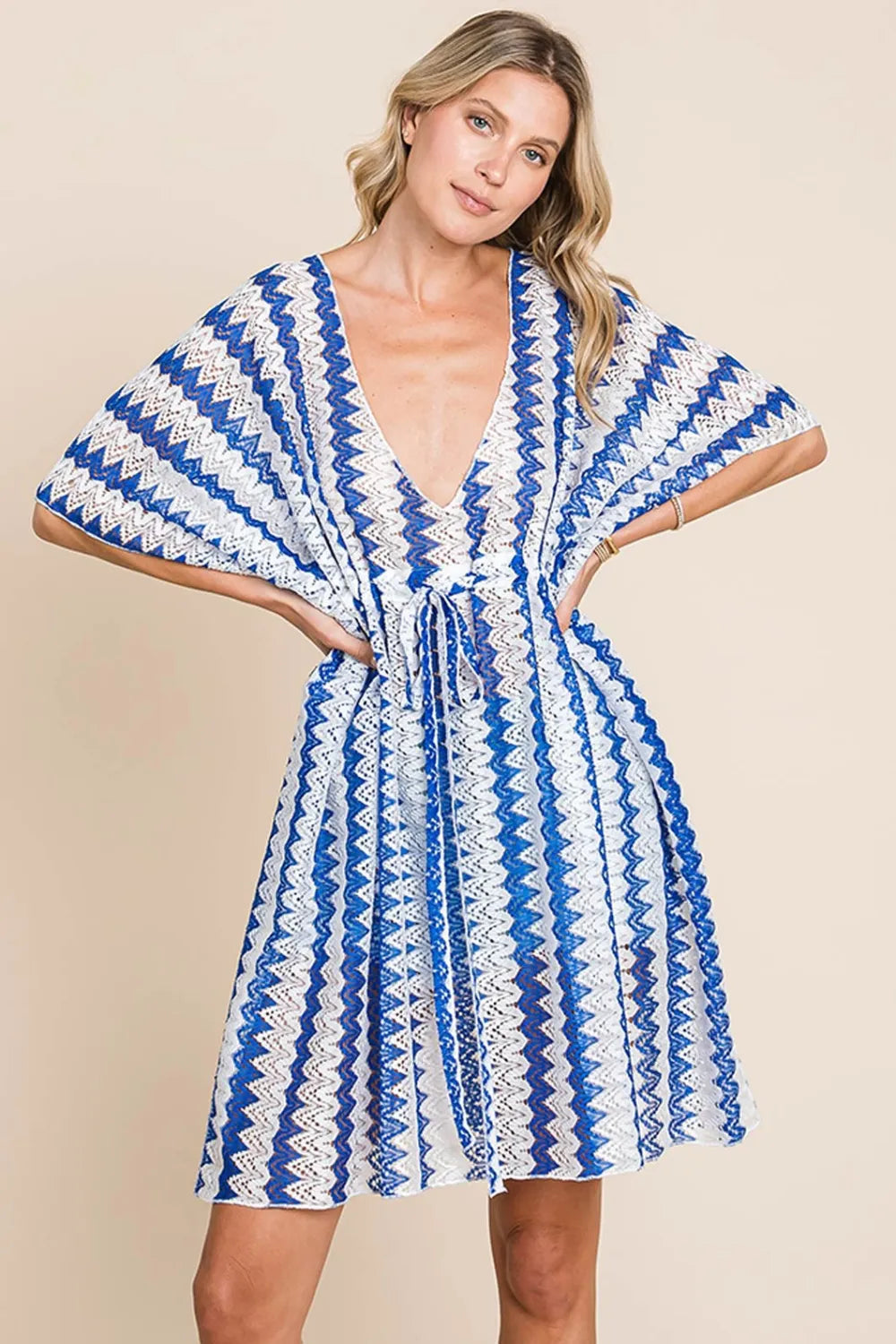 Cotton Bleu by Nu Lab Tied Striped Plunge Half Sleeve Cover-Up Royal Blue 68d23bd3-d5de-47da-854f-89fc5eb112b5-Max