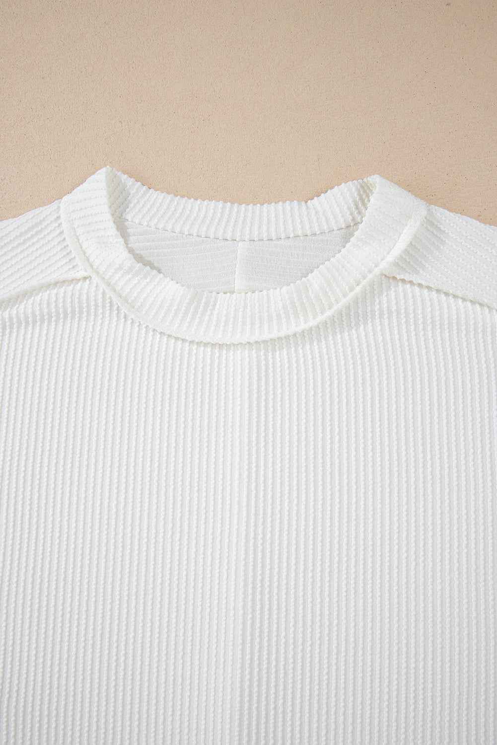 White Crinkle Rib Textured Knit Round Neck T Shirt 68d3d0039e9624d8