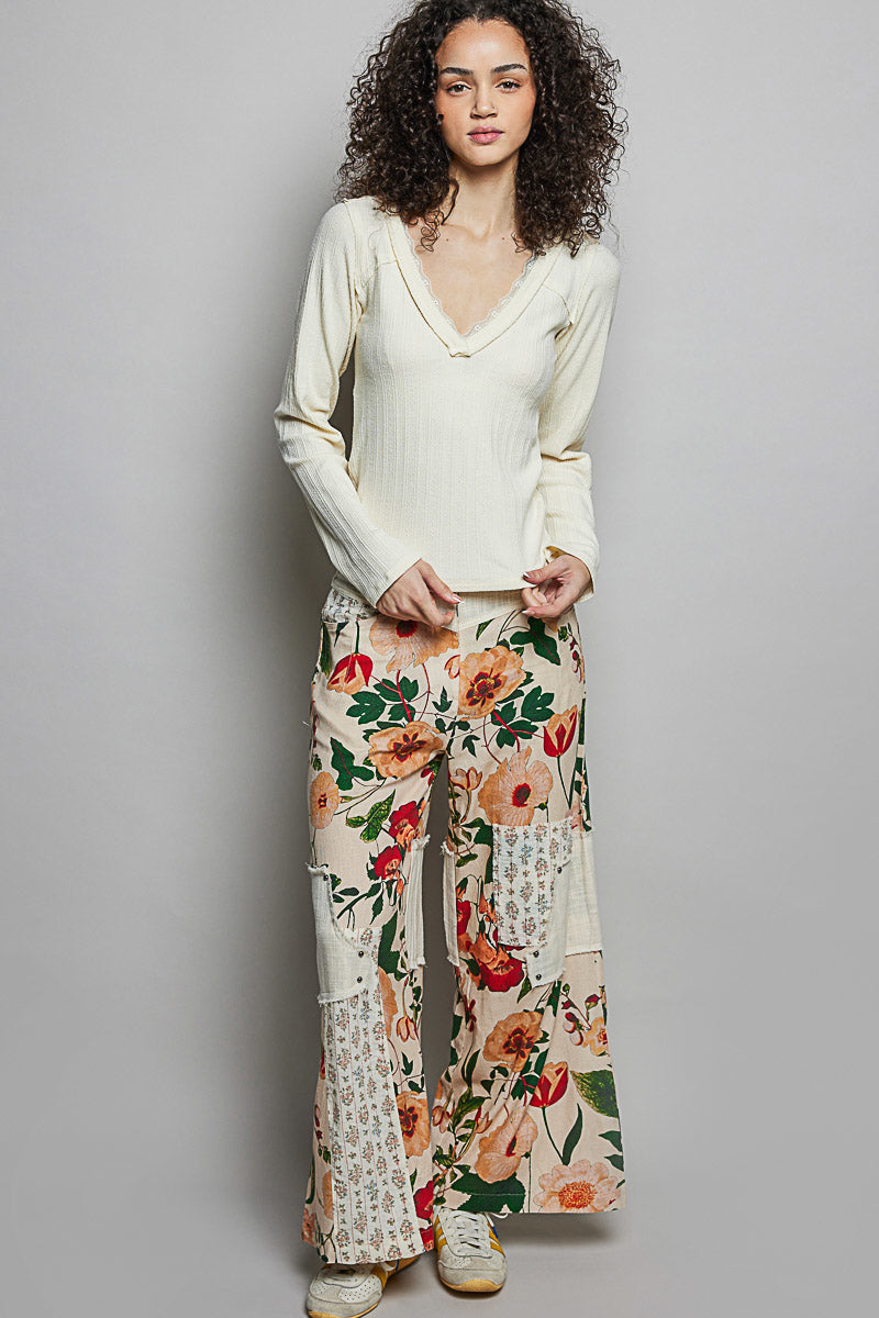 POL V-Neck Long Sleeve Ribbed Top with Lace-Accent Neckband 68d4a16e-82cb-44ba-b560-67c31a080636-Max