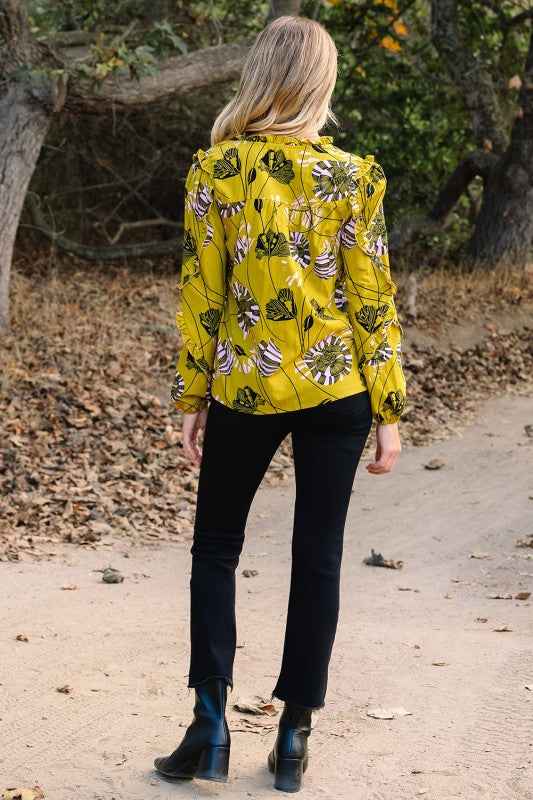 Floral V-Neck Ruffle Trim Long Sleeve Blouse 68d57e34-d2fb-4d16-94e9-b9d817cb8fab