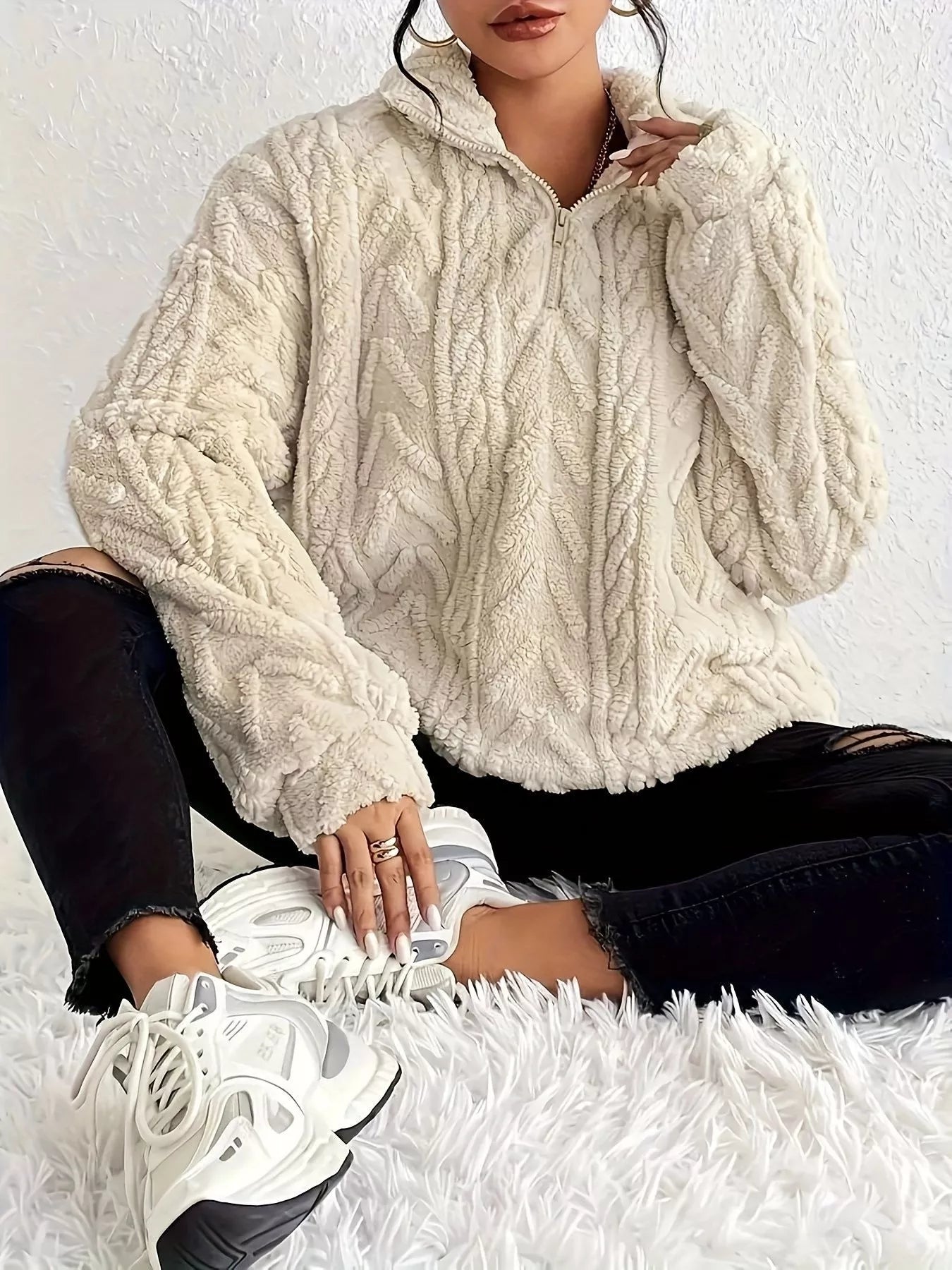 Quarter Zip Dropped Shoulder Sherpa Sweatshirt 68d7771d58b34f36a1126bc4ec03d9f0-Max-Origin