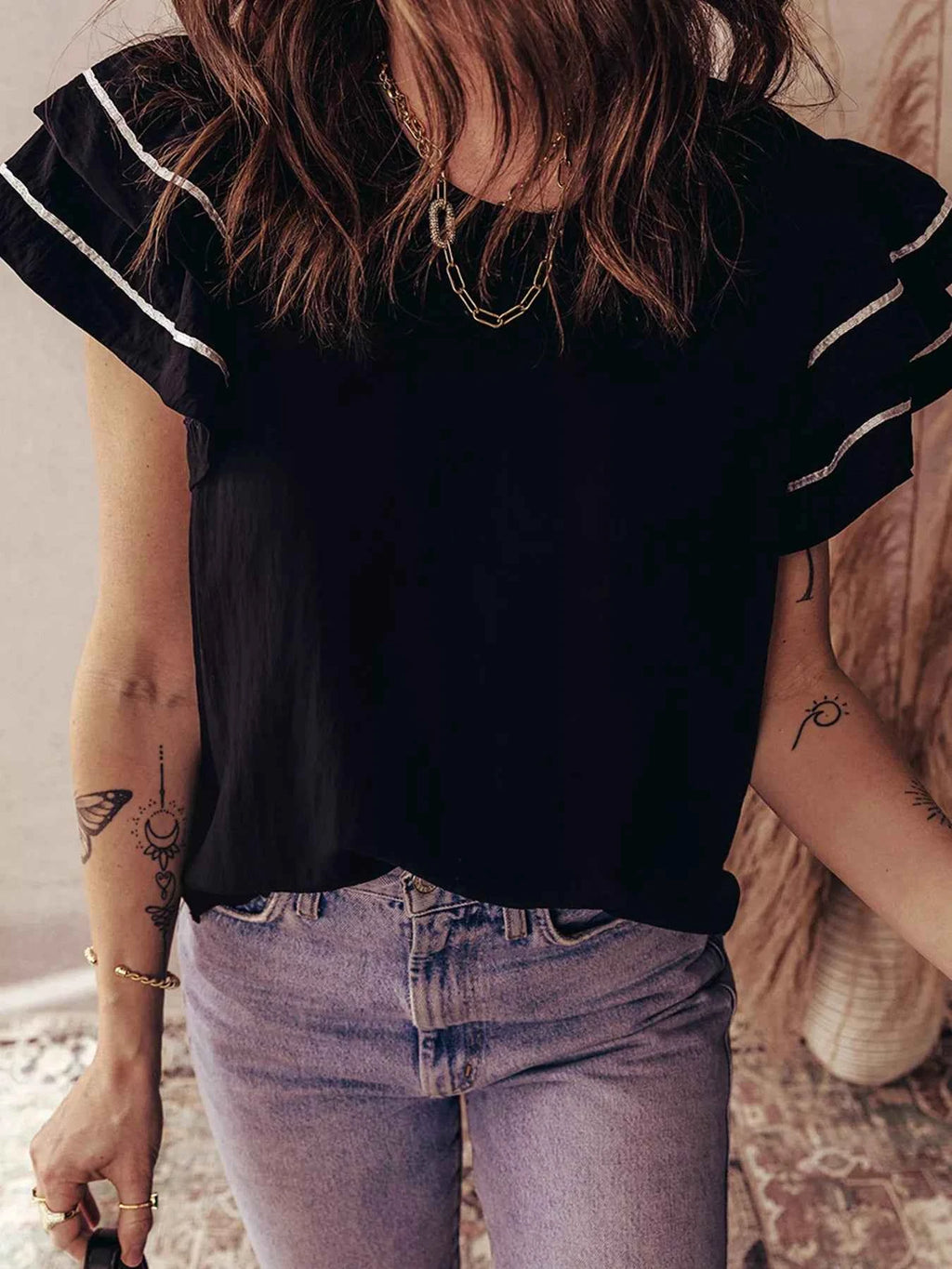 Contrast Trim Dual Ruffle Short Sleeve Textured Blouse 68d852a1ce0240c0895308431cfd27b3-Max-Origin