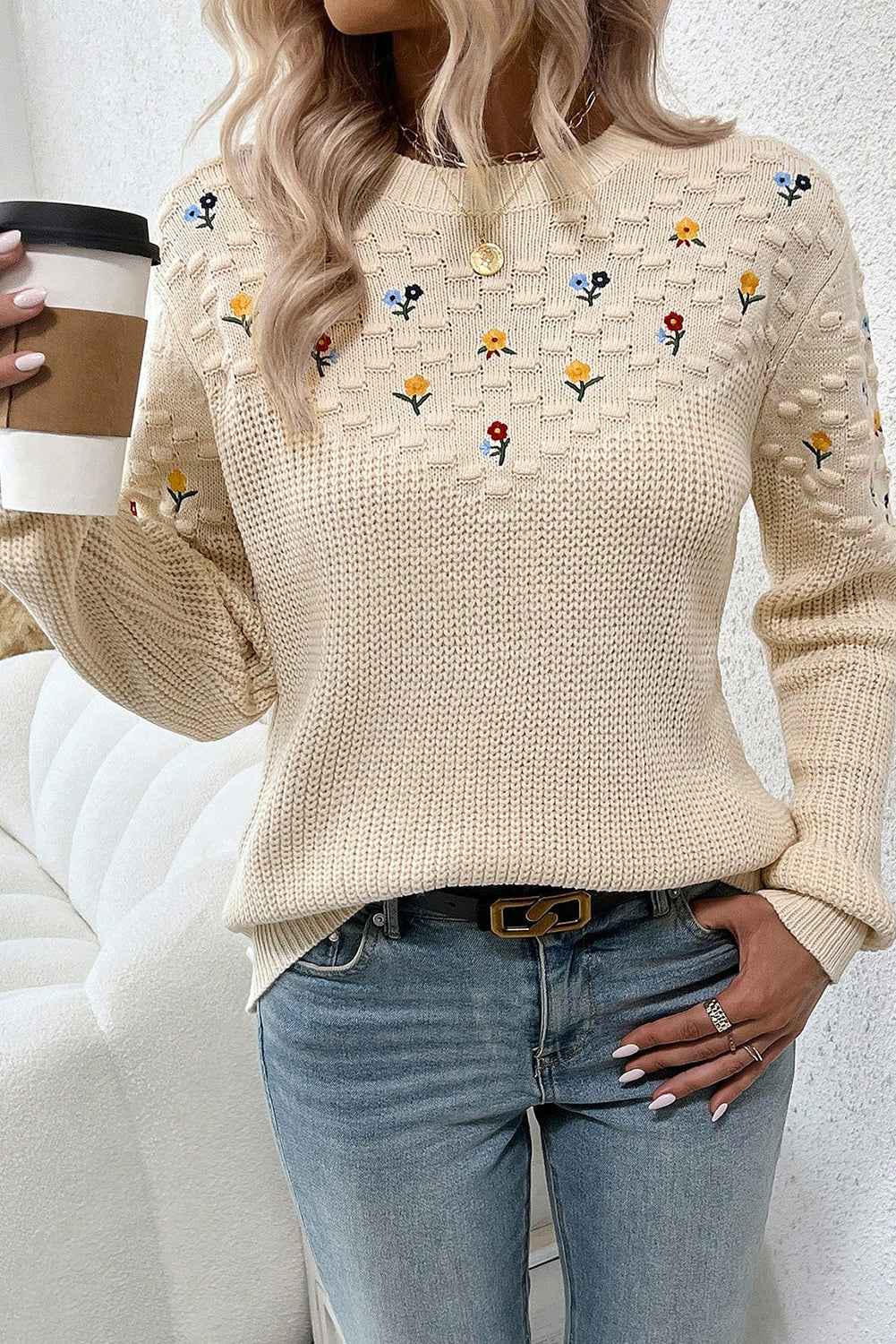 Jet Stream Mixed Texture Knit Flower Embroidered Detail Casual Sweater Jet Stream 55%Acrylic+45%Cotton 68dbb7579c062541
