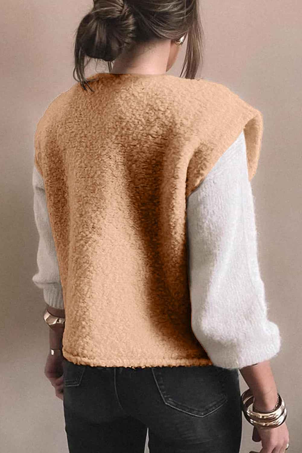 Light French Beige Big Button Accent Fuzzy Pocket Vest 68dbfc5eec1d4e20