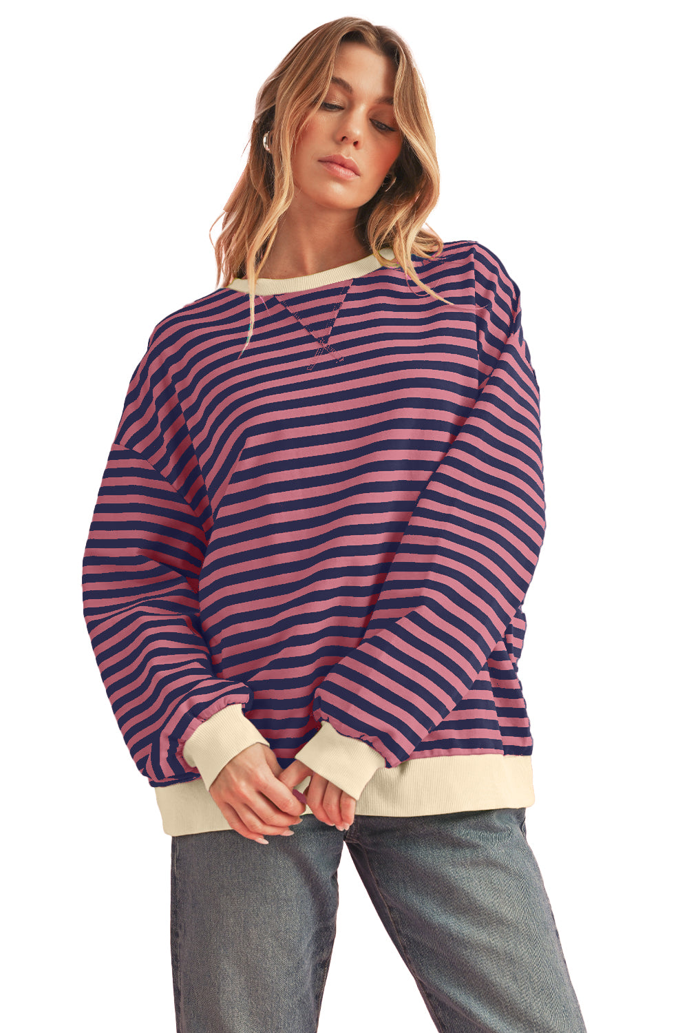 Black Stripe Contrast Edge Cross Seam Oversized Sweatshirt 68e04b17e1df3acf