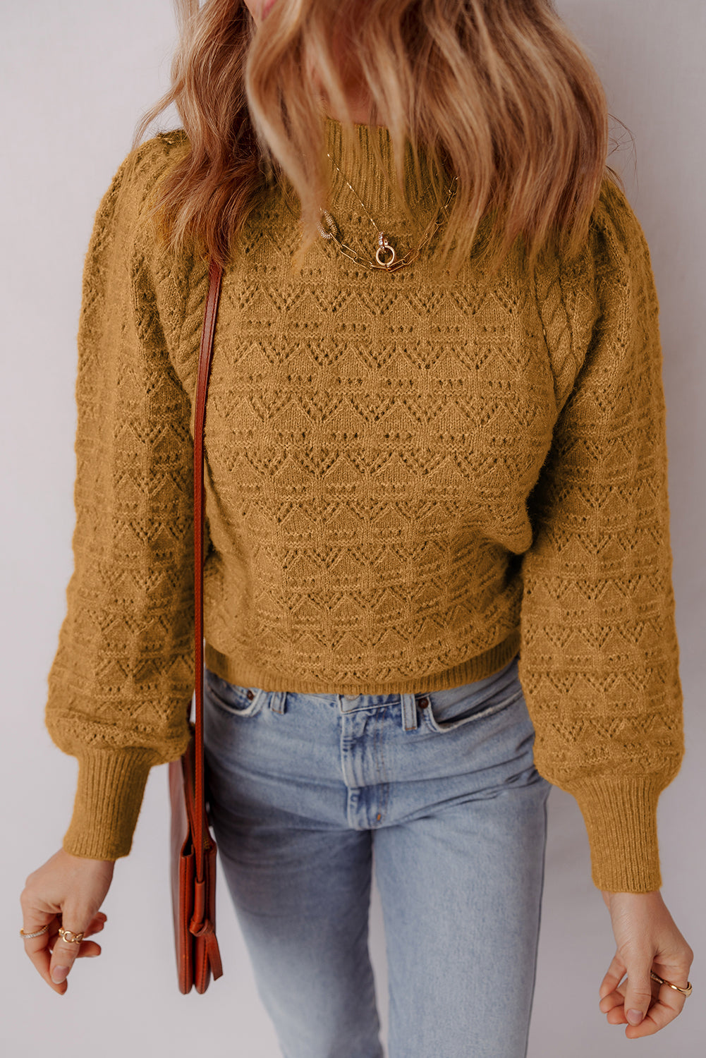 Jurassic Gold Hollow Out Crochet Ribbed Edge Balloon Sleeve Sweater 68e77e86db16cb90