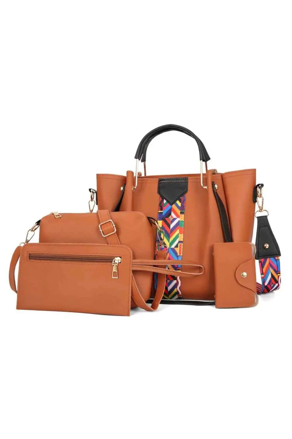 4-Piece Geometric Strap Bag Set Brown onesize