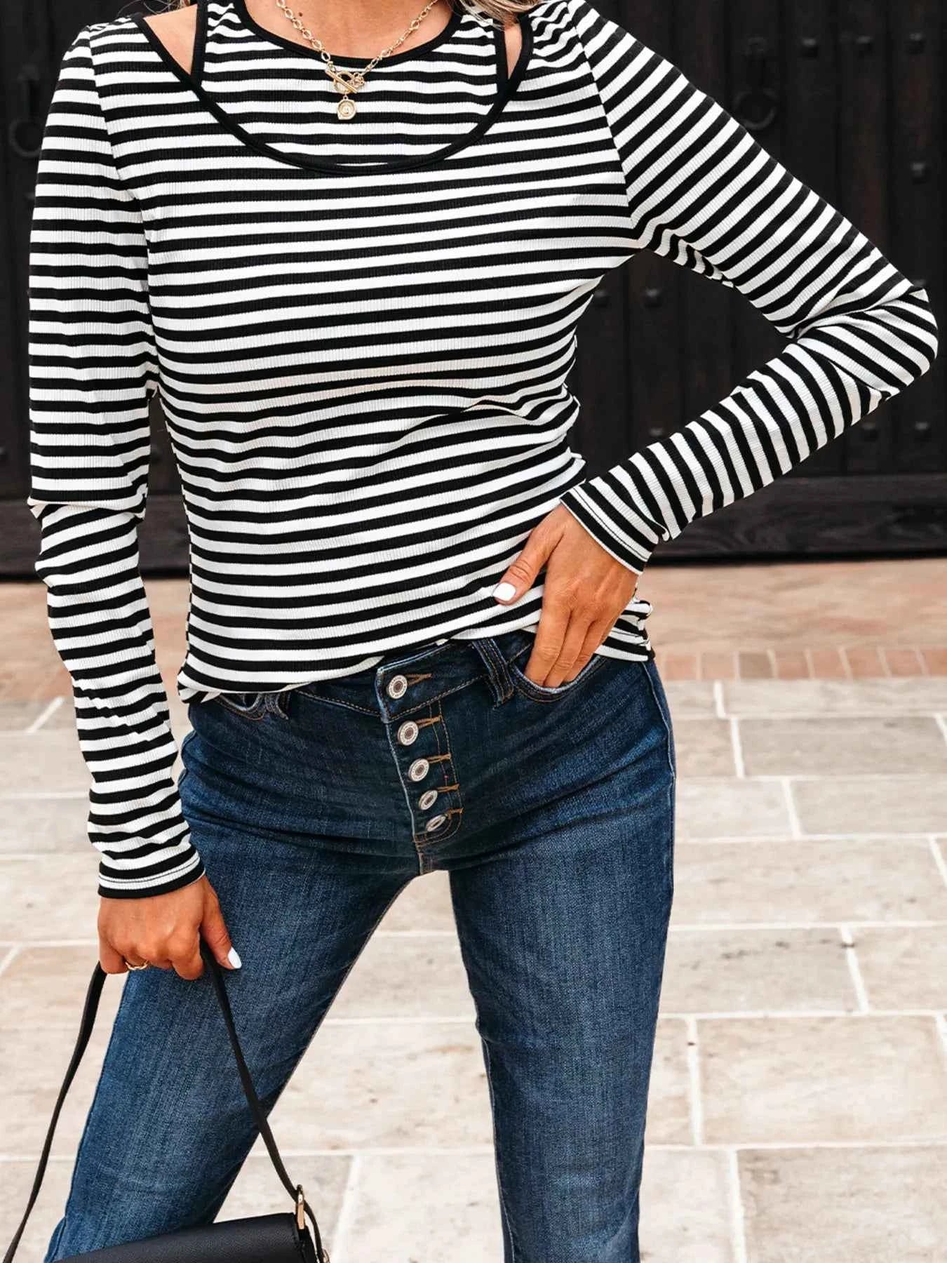 Stripe Double-layer Cold Shoulder Long Sleeve Top 68ecf7b0ae474dbd994e7670aa04c0a6-Max-Origin
