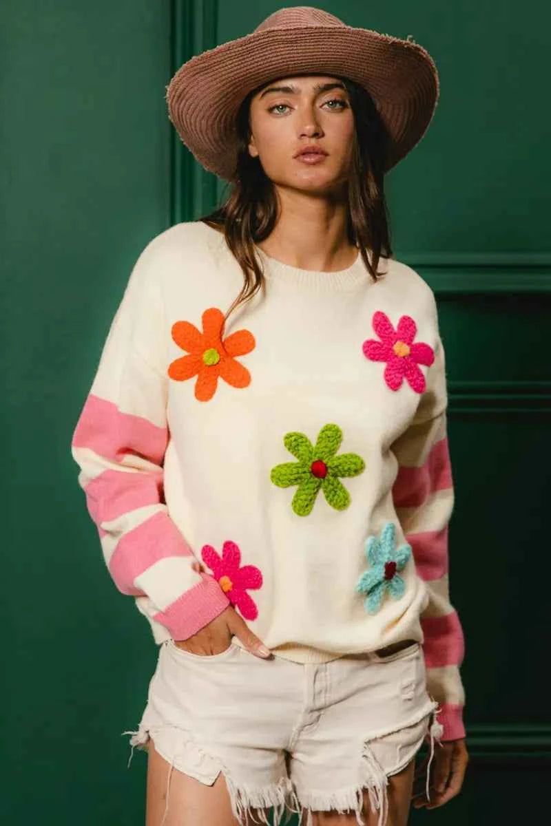 BiBi Colorful Floral Patched Sweater with Striped Sleeve 68f0f463c6c343f7929160f984e550fd-Max-Origin