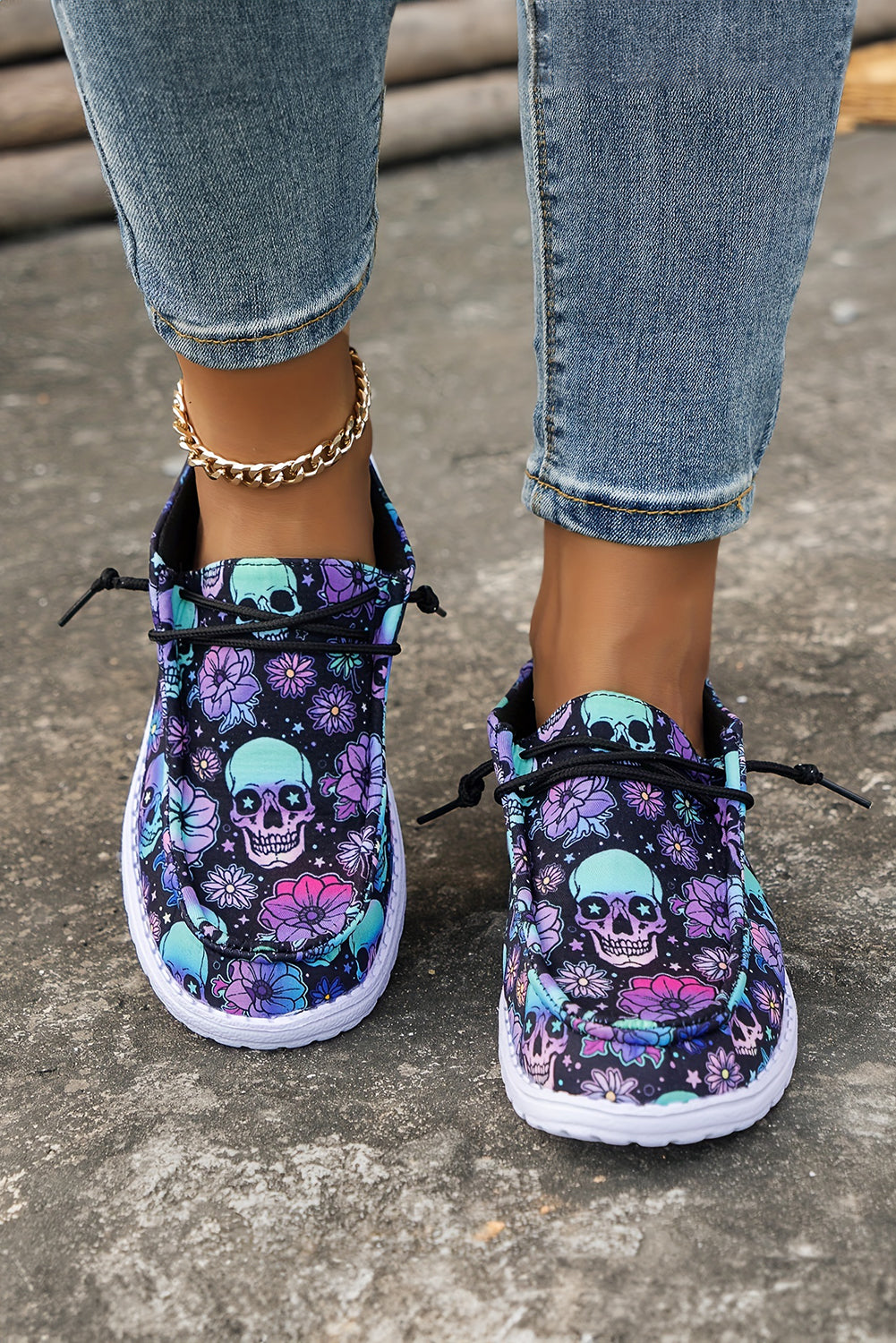 Dark Blue Halloween Skull Print Lace Up Casual Shoes 68f0fe327b9b584d