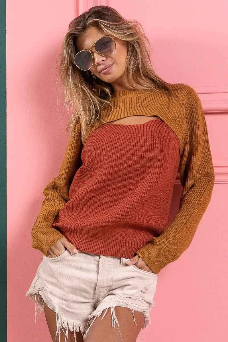 BiBi Color Block Sweater Knit Top With Cut Out Neck 68f7d891a02c4cc9a1b2d928438cedc1-Max-Origin